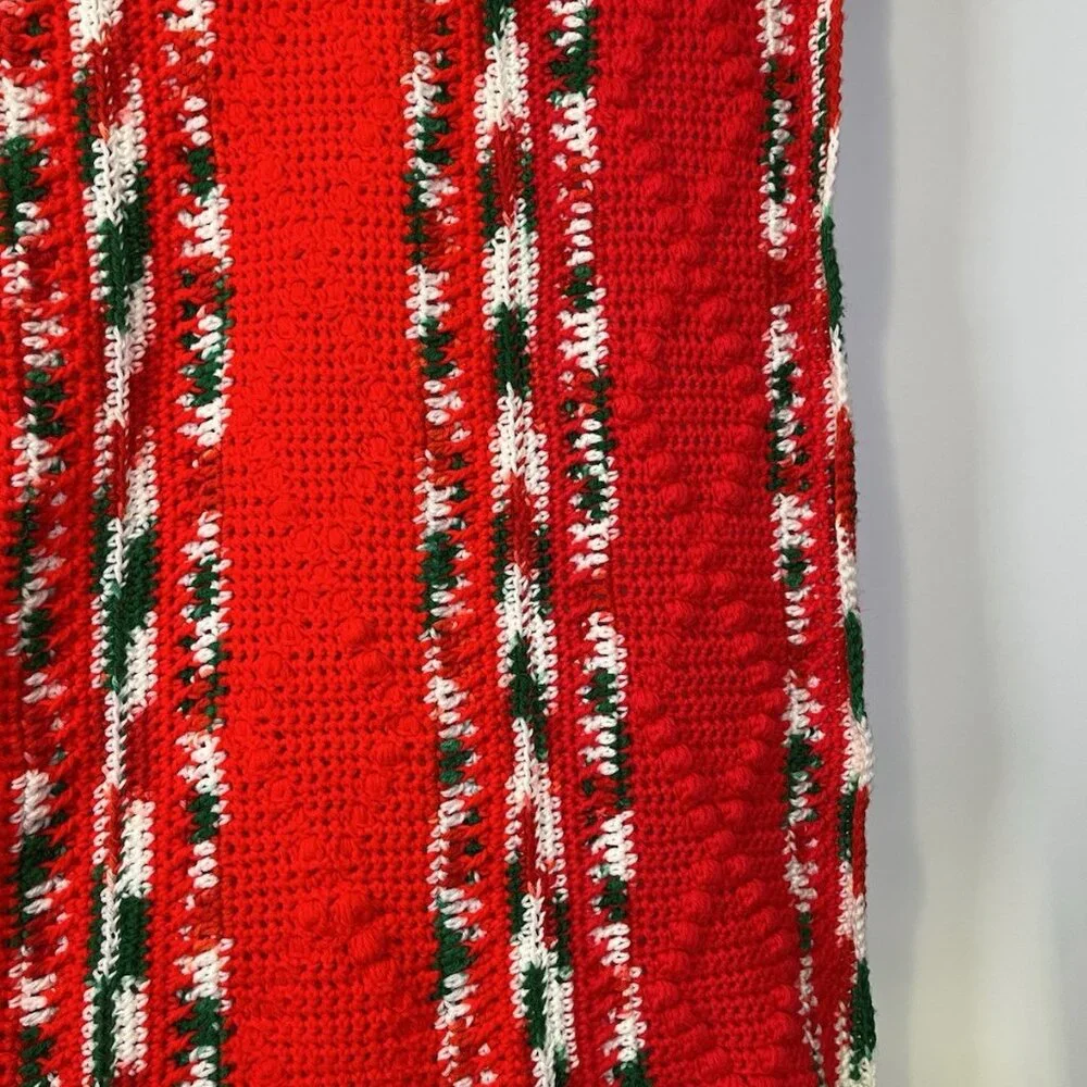 Vintage Christmas Crochet Granny Afghan Blanket Throw Candy Cane Stripe 66”x48”